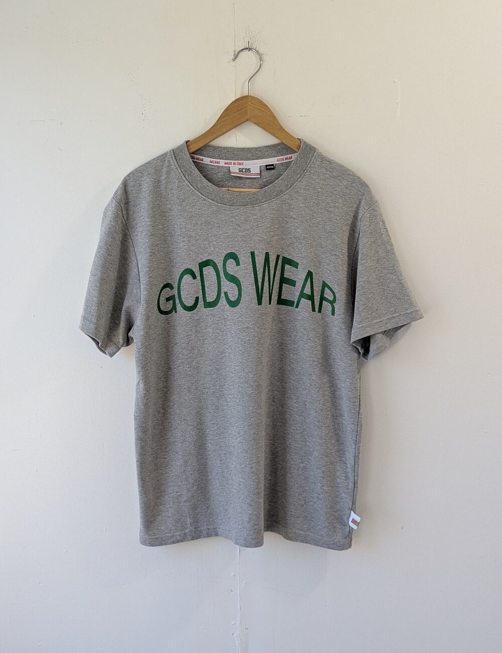 GCDS 100% Cotton Crewneck T - Shirt Gray Green Print Size Medium Made in Italy